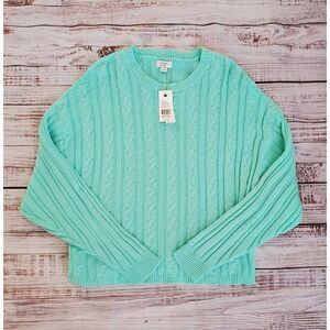Crown & Ivy Women's Long Sleeve Cable Knit Crewneck Sweater Cielo Mint